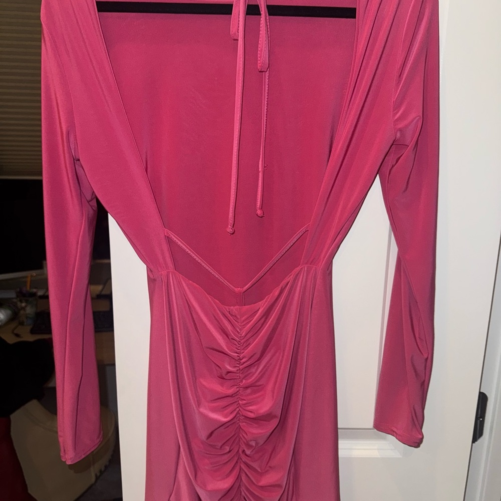 Pink Backless Long Sleeve Dress